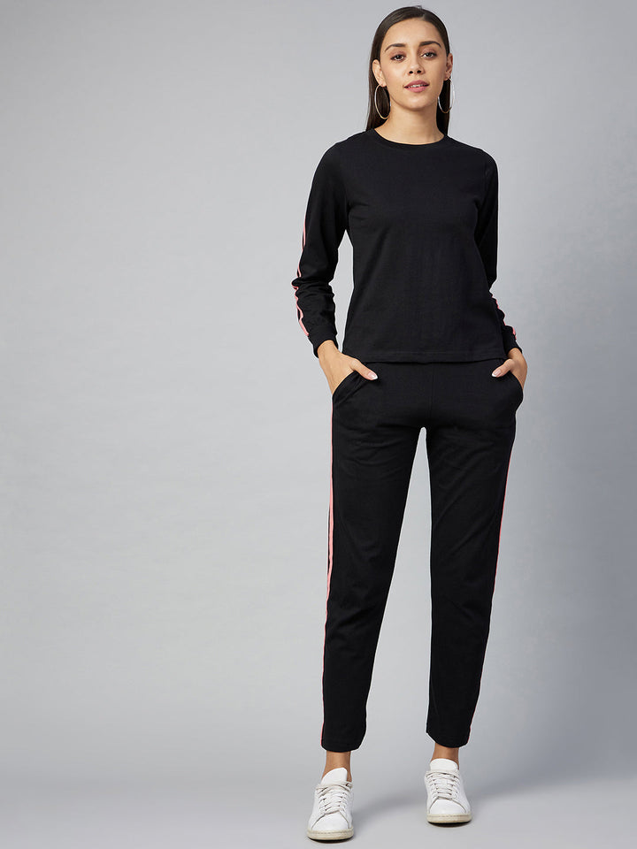 Black Cotton Track Suit Set with Pink Stripes