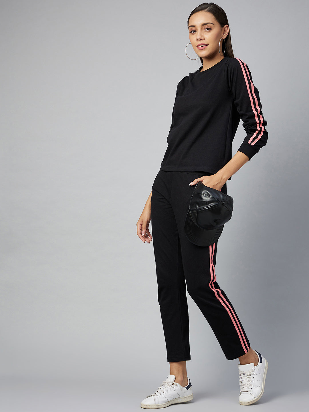 Black Cotton Track Suit Set with Pink Stripes