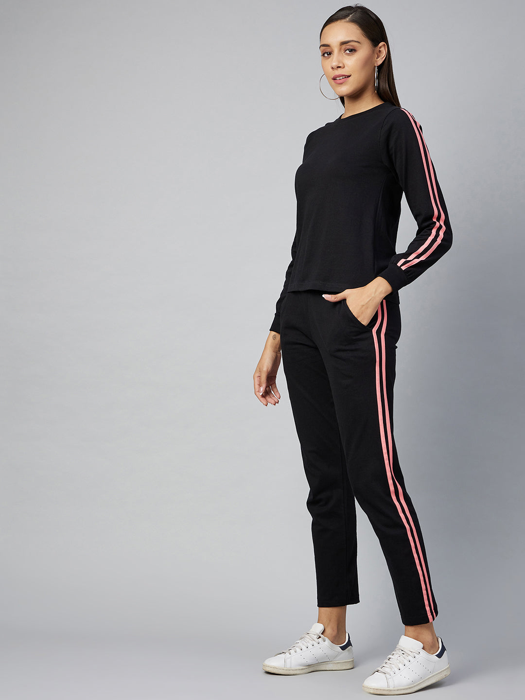 Black Cotton Track Suit Set with Pink Stripes