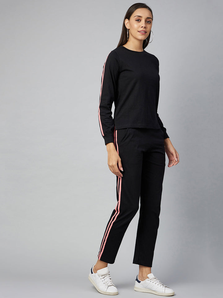 Black Cotton Track Suit Set with Pink Stripes