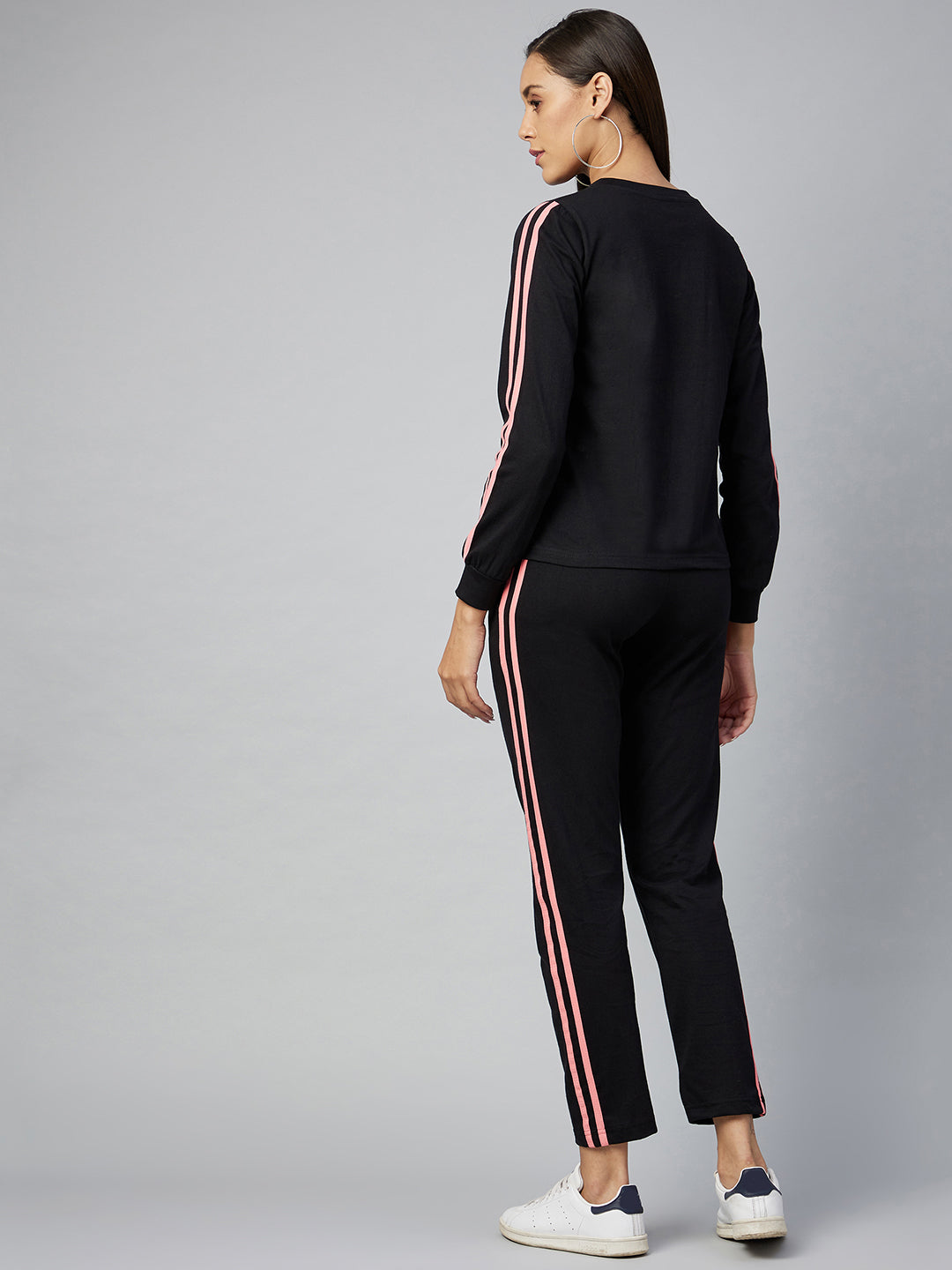 Black Cotton Track Suit Set with Pink Stripes
