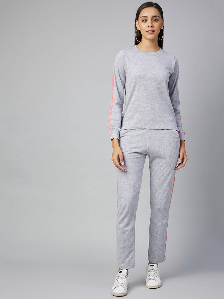 Cotton Light Grey Track Suit Set with Pink Stripe