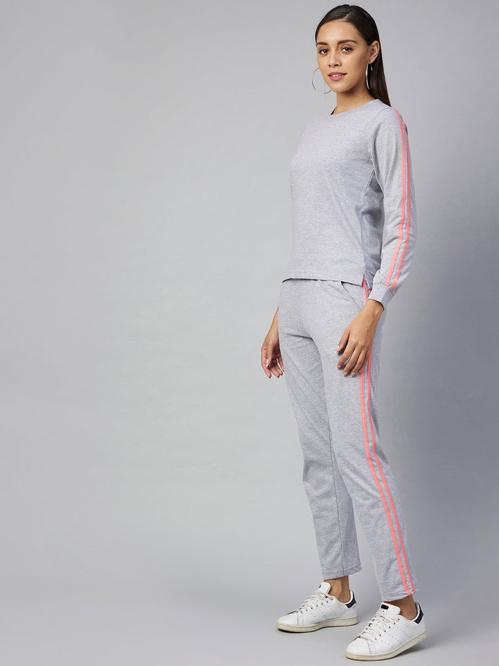 Cotton Light Grey Track Suit Set with Pink Stripe