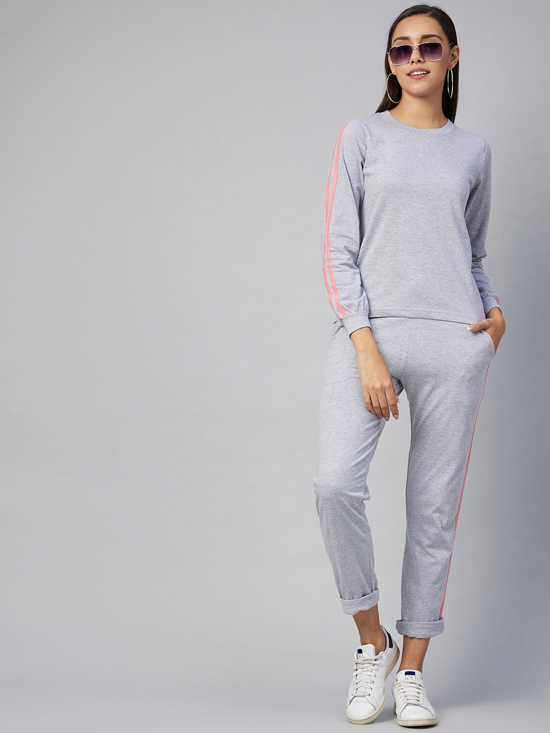 Cotton Light Grey Track Suit Set with Pink Stripe