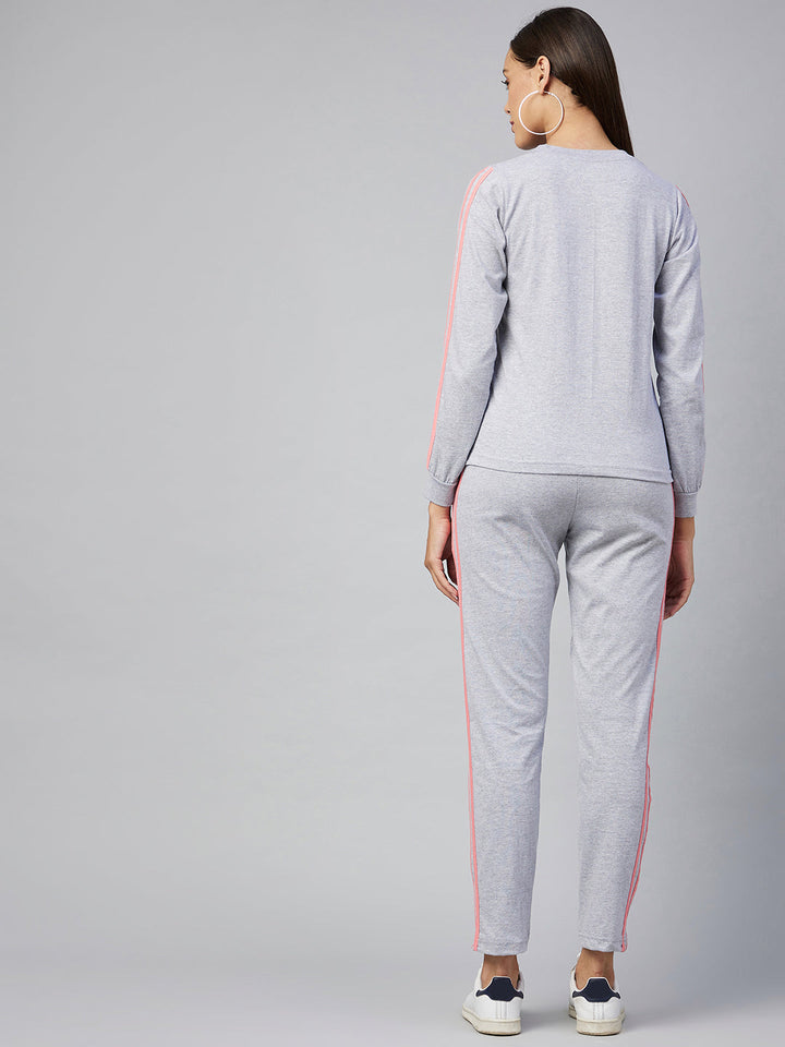 Cotton Light Grey Track Suit Set with Pink Stripe