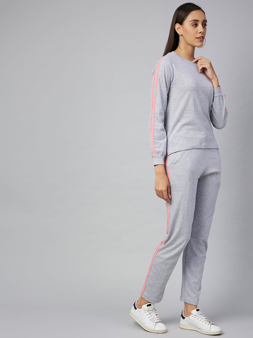 Cotton Light Grey Track Suit Set with Pink Stripe