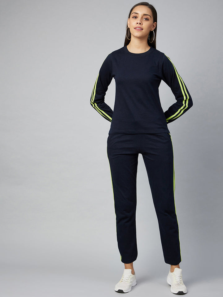 Navy Blue & Lime Cotton Striped Track Suit Set