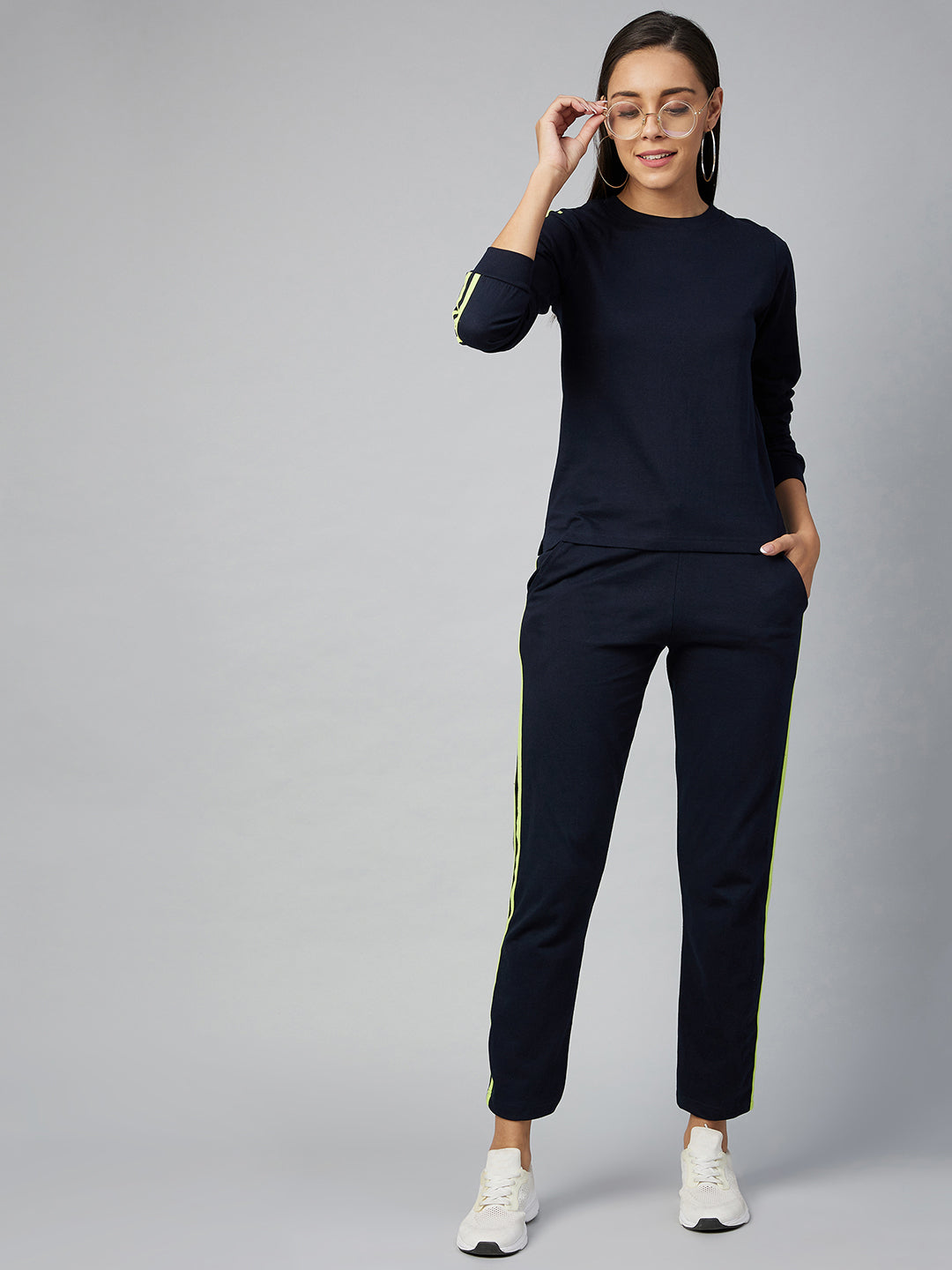 Navy Blue & Lime Cotton Striped Track Suit Set