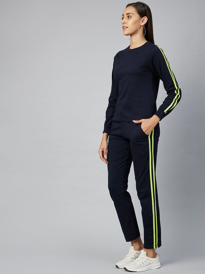 Navy Blue & Lime Cotton Striped Track Suit Set