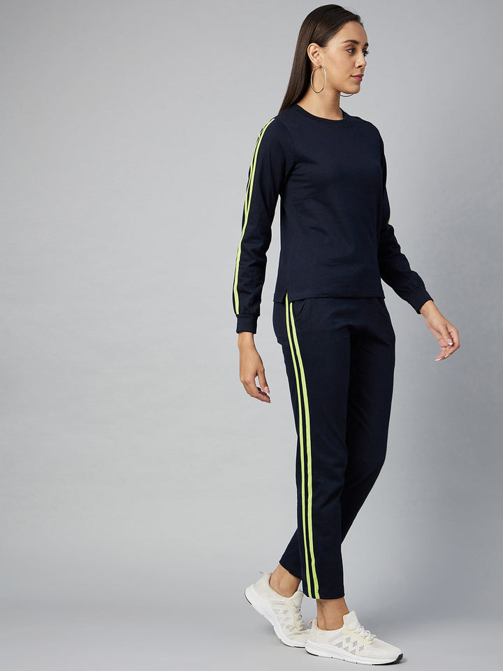 Navy Blue & Lime Cotton Striped Track Suit Set