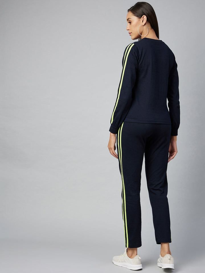 Navy Blue & Lime Cotton Striped Track Suit Set