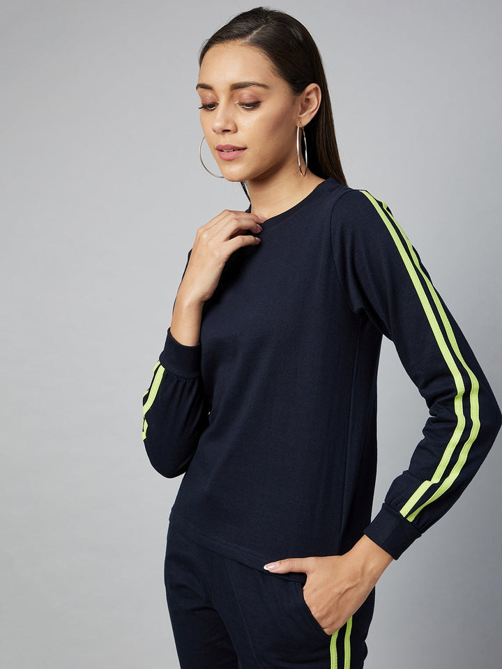 Navy Blue & Lime Cotton Striped Track Suit Set