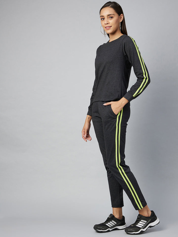 Dark Grey & Lime Cotton Striped Track Suit Set