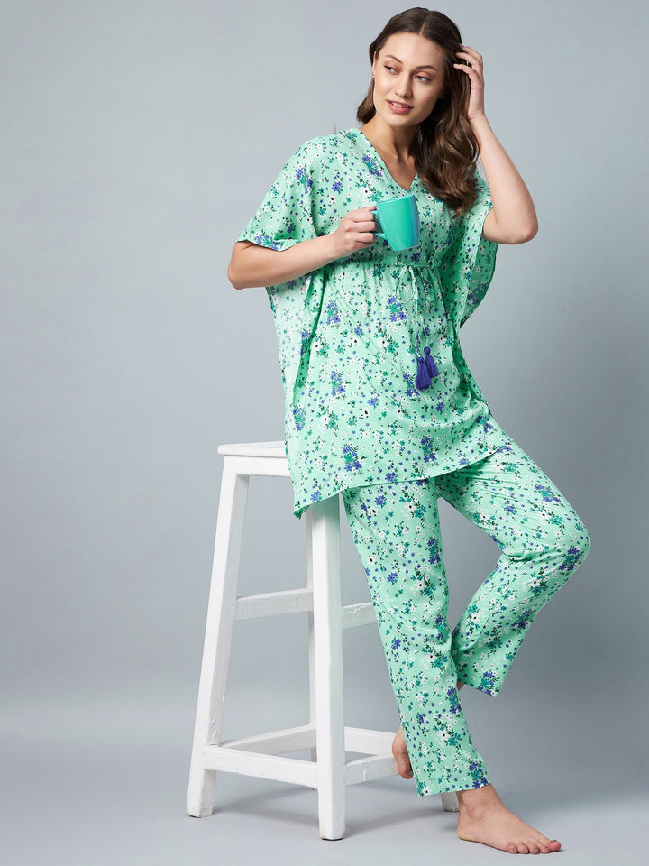 Green & Blue Floral Printed Kaftan Style Set