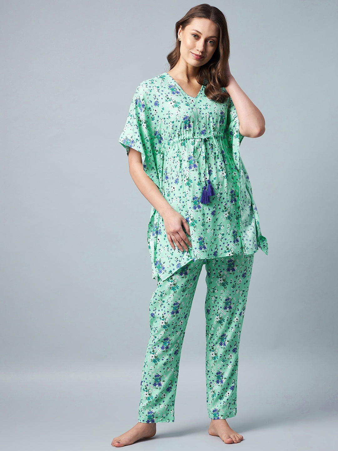 Green & Blue Floral Printed Kaftan Style Set