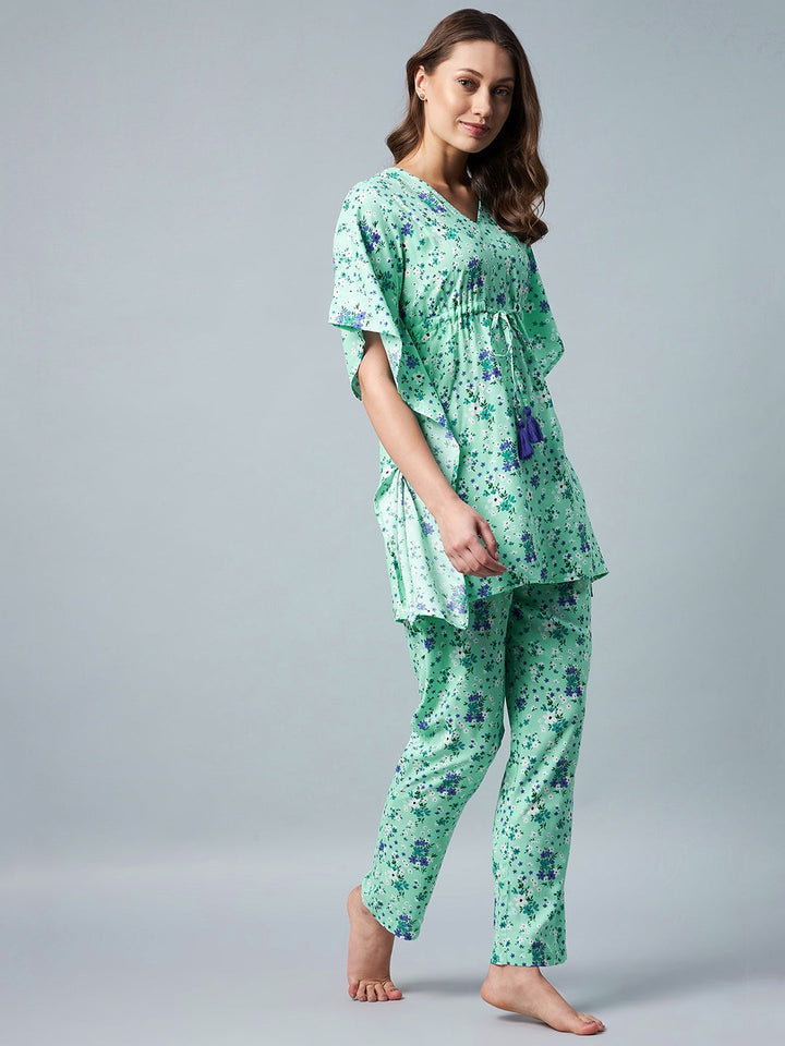 Green & Blue Floral Printed Kaftan Style Set