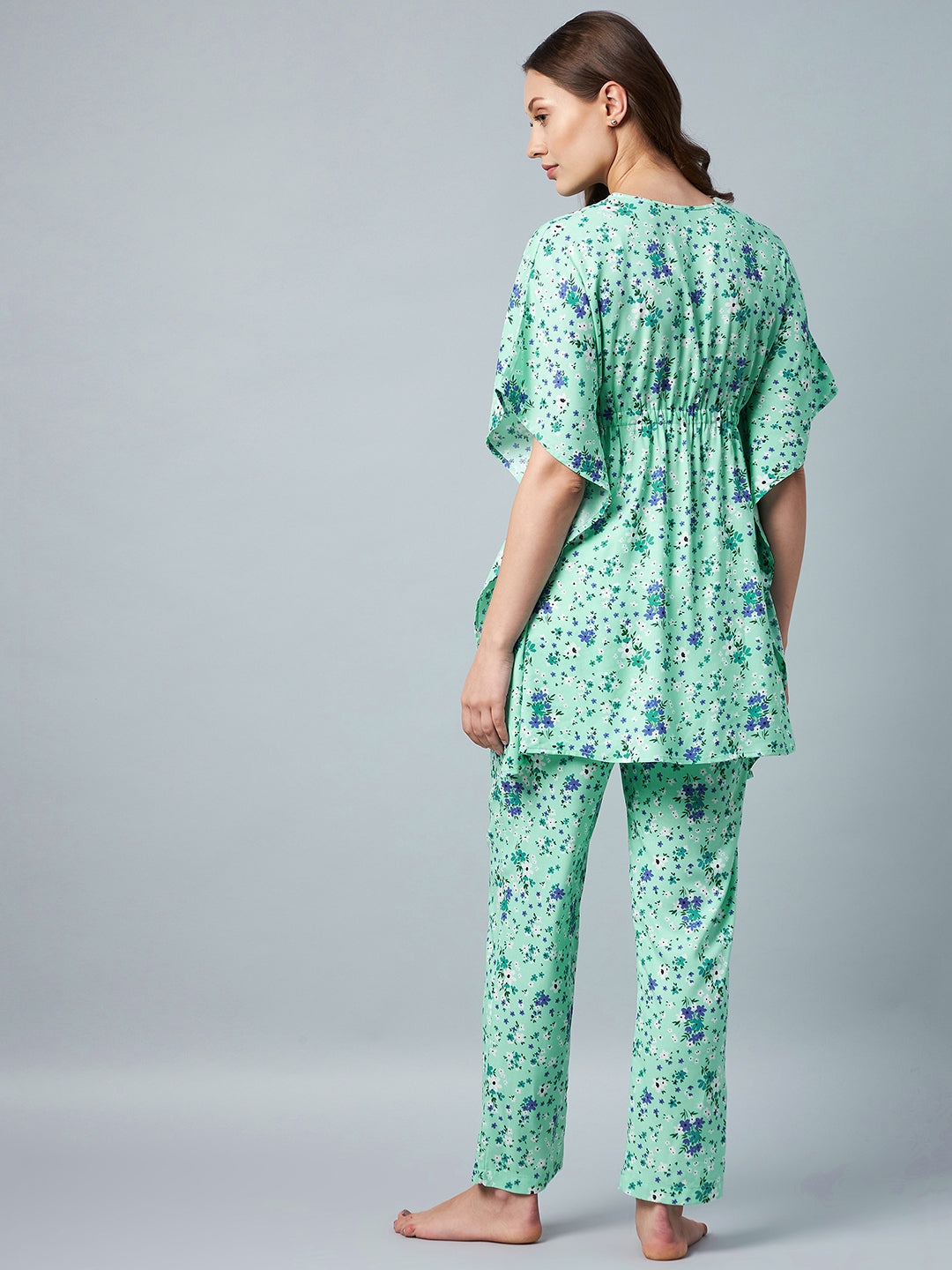 Green & Blue Floral Printed Kaftan Style Set