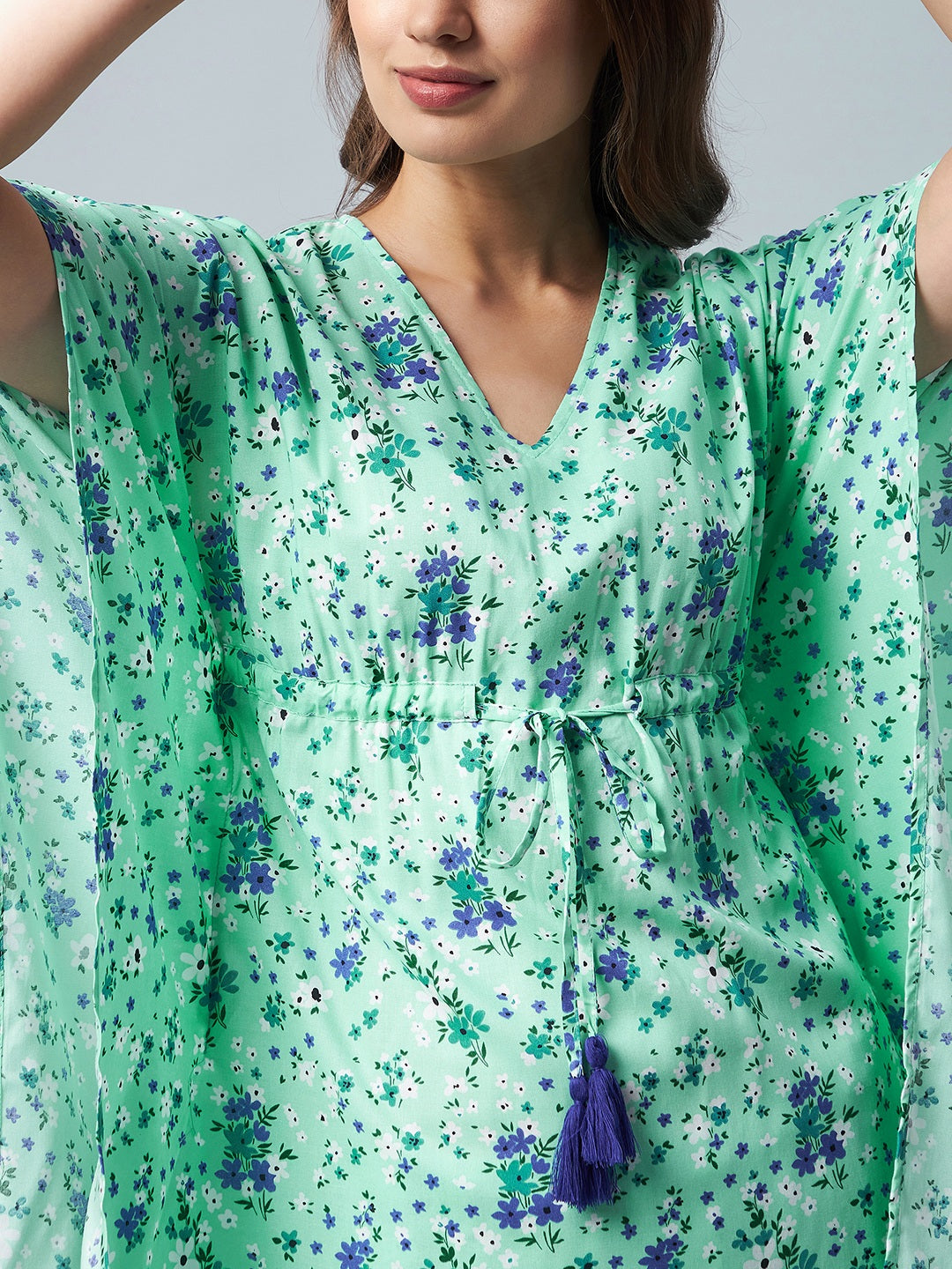 Green & Blue Floral Printed Kaftan Style Set