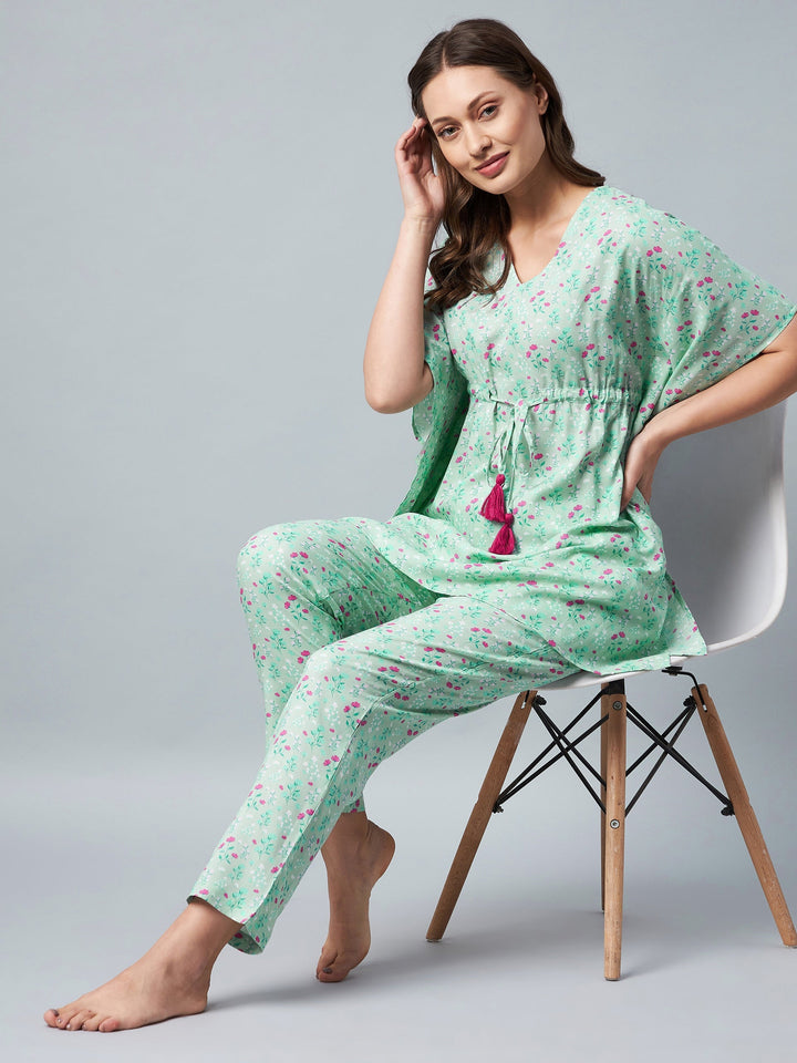 Green & Pink Floral Printed Kaftaan Style Set