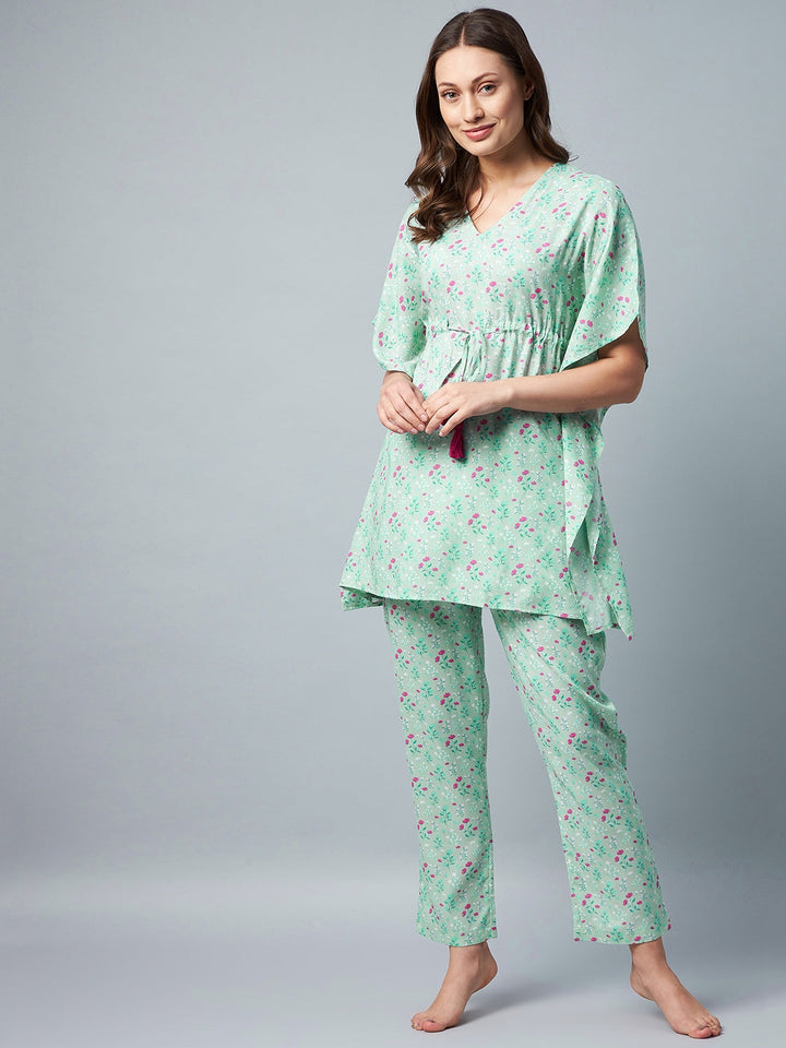 Green & Pink Floral Printed Kaftaan Style Set