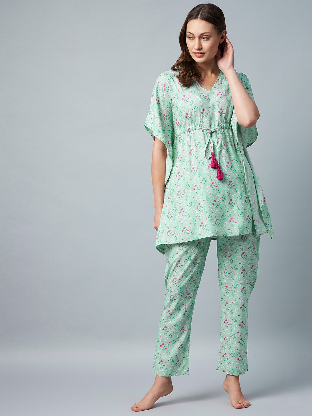 Green & Pink Floral Printed Kaftaan Style Set