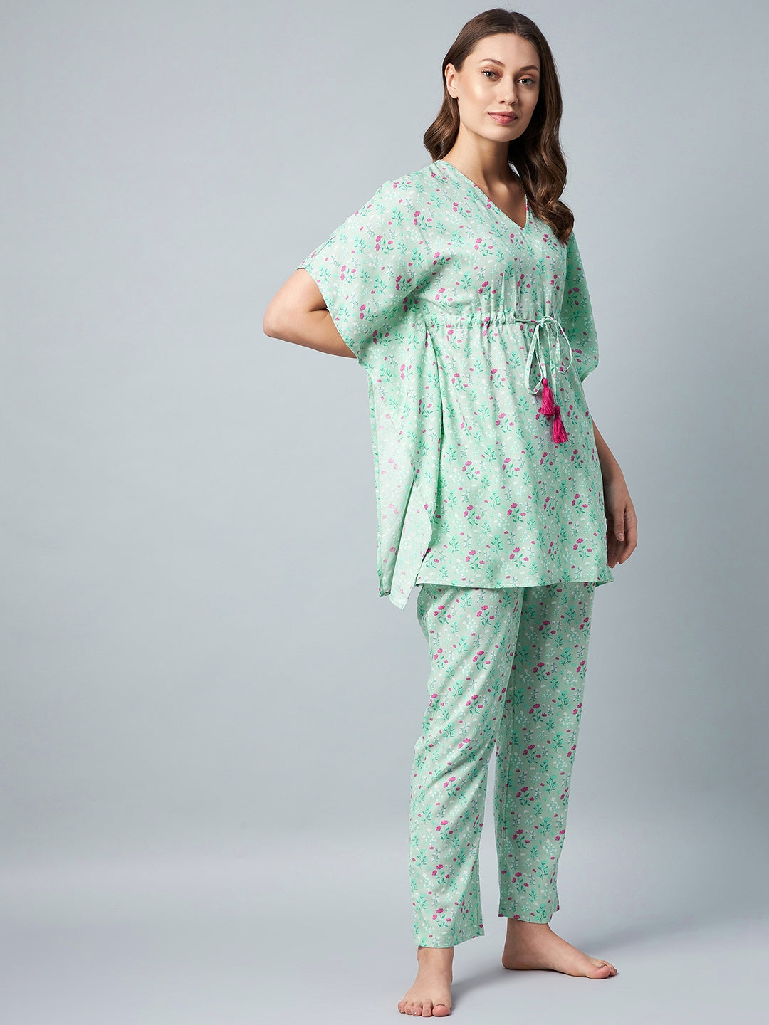 Green & Pink Floral Printed Kaftaan Style Set