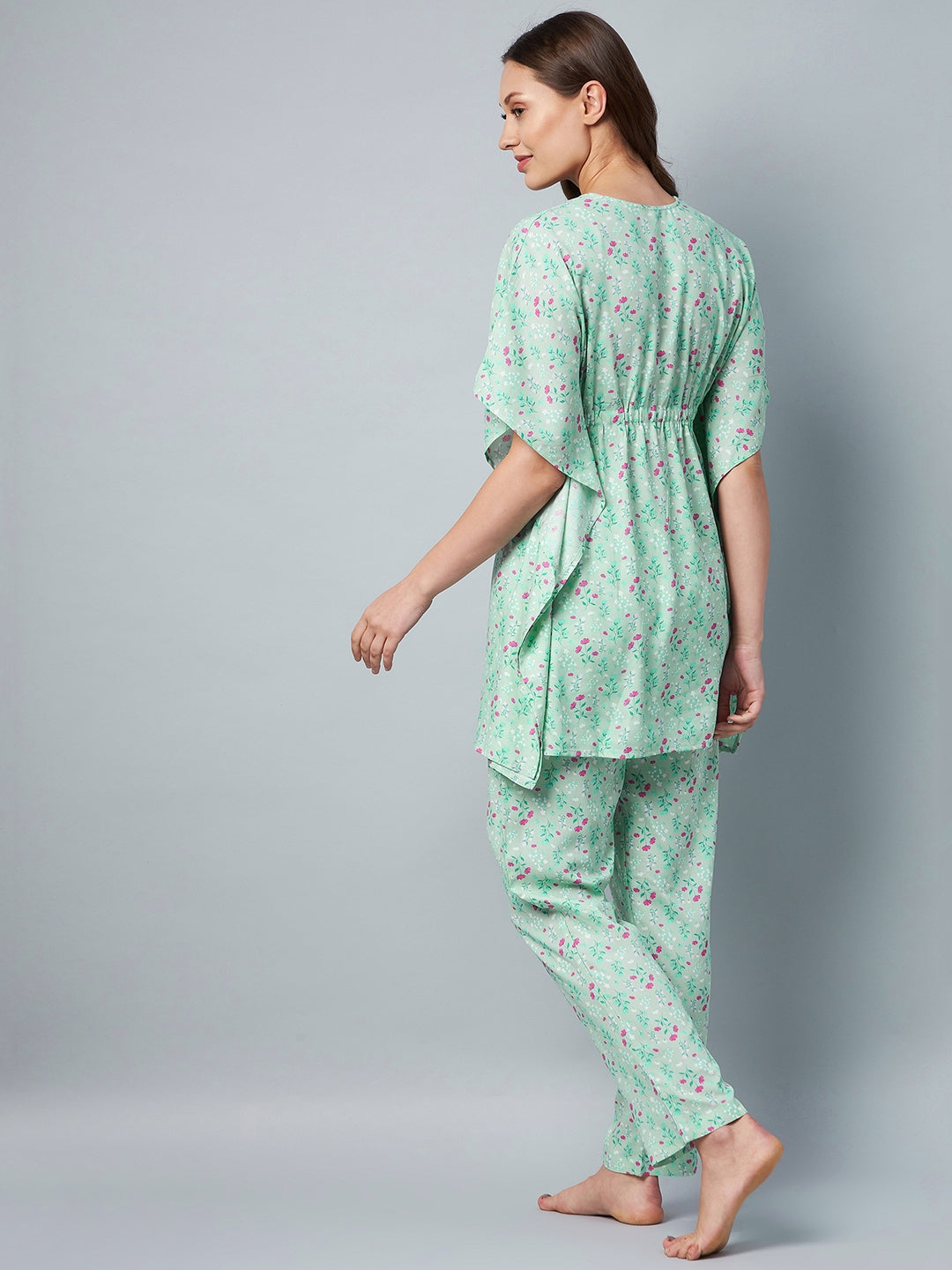 Green & Pink Floral Printed Kaftaan Style Set