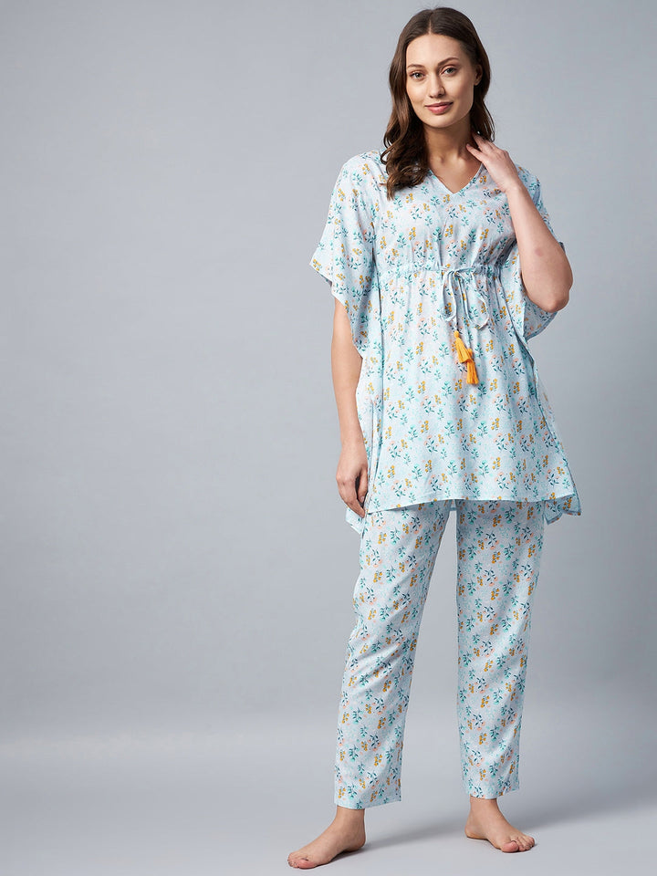 Light Blue Floral Printed Kaftan Set