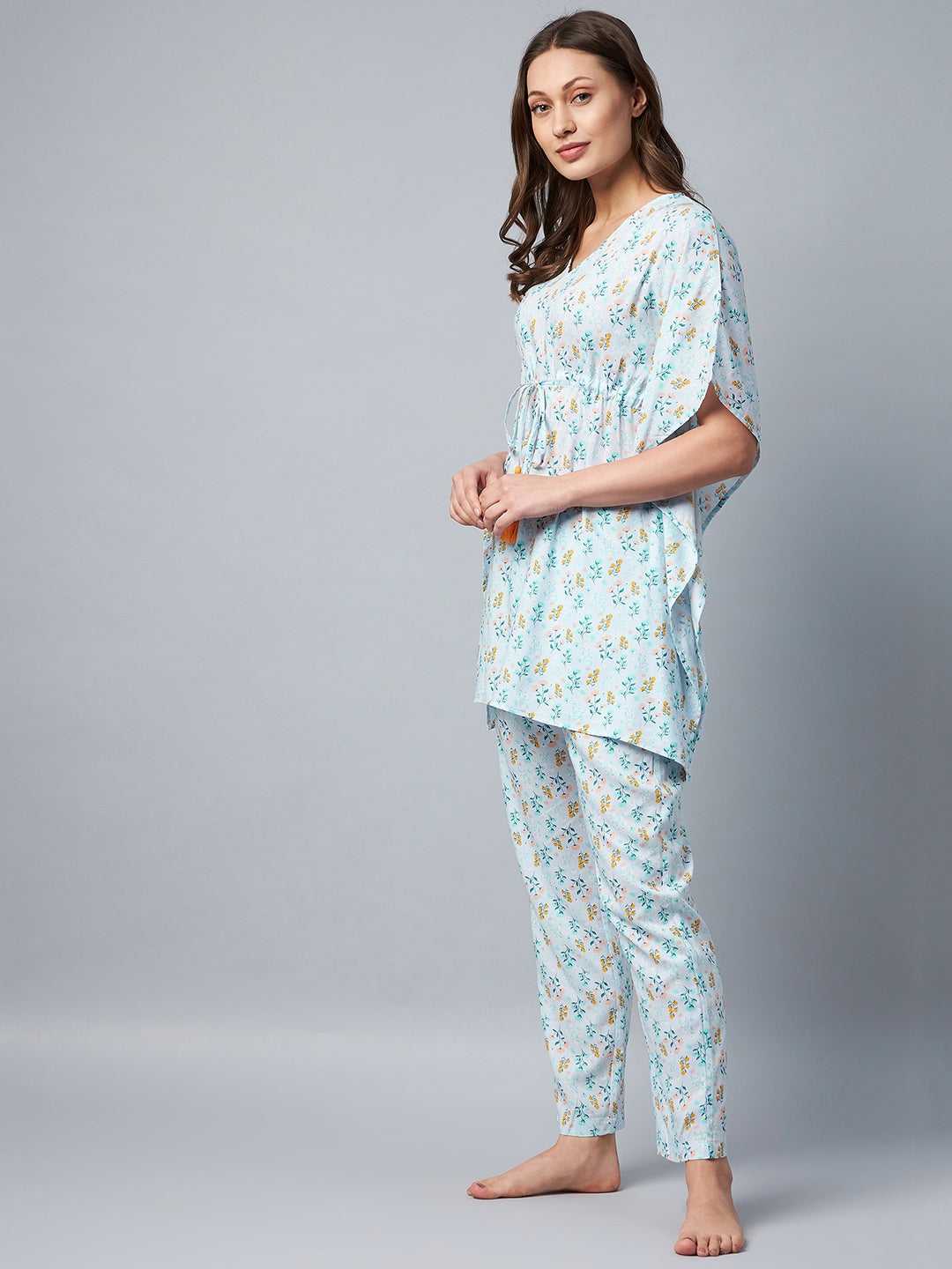 Light Blue Floral Printed Kaftan Set