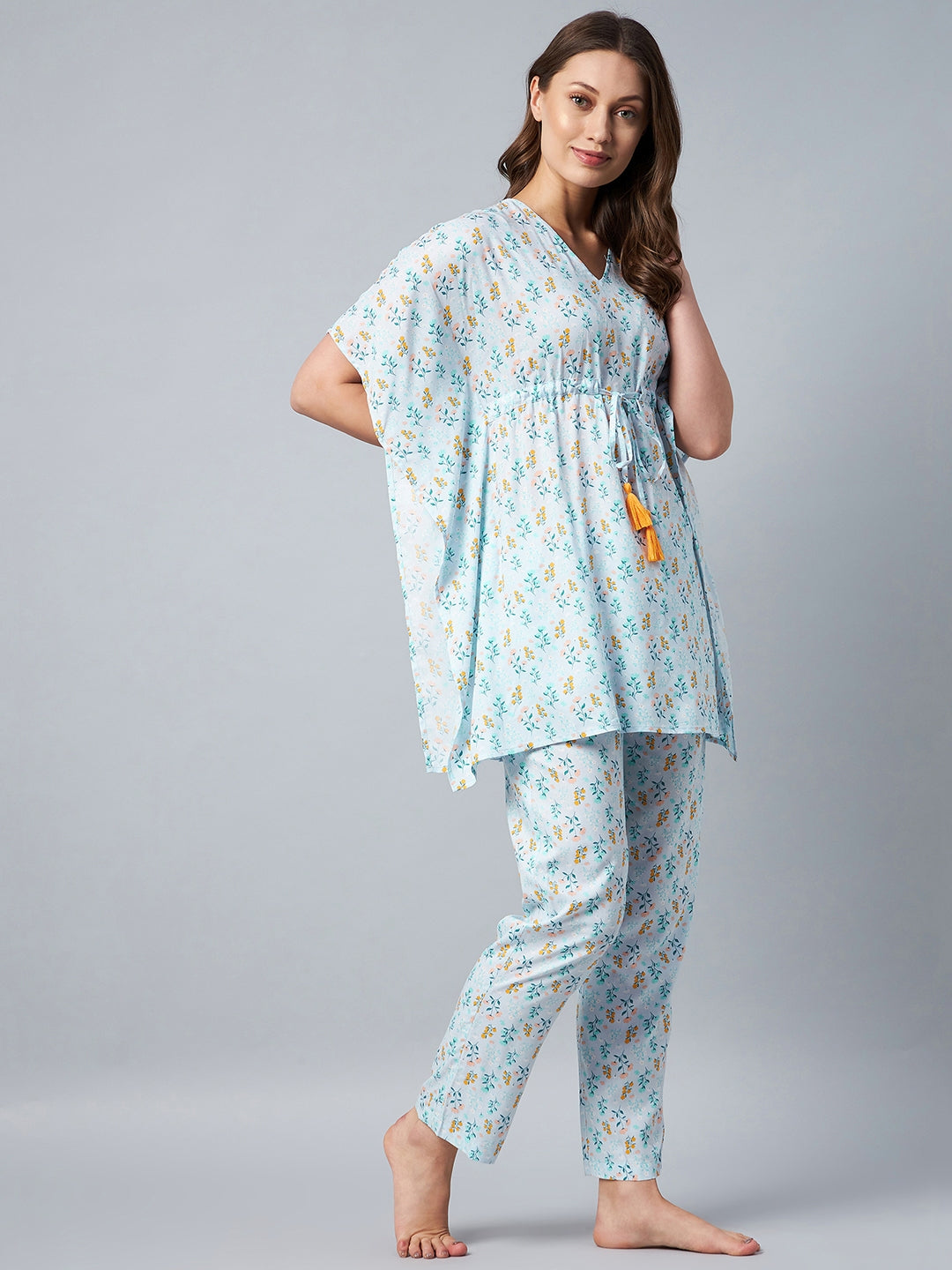 Light Blue Floral Printed Kaftan Set