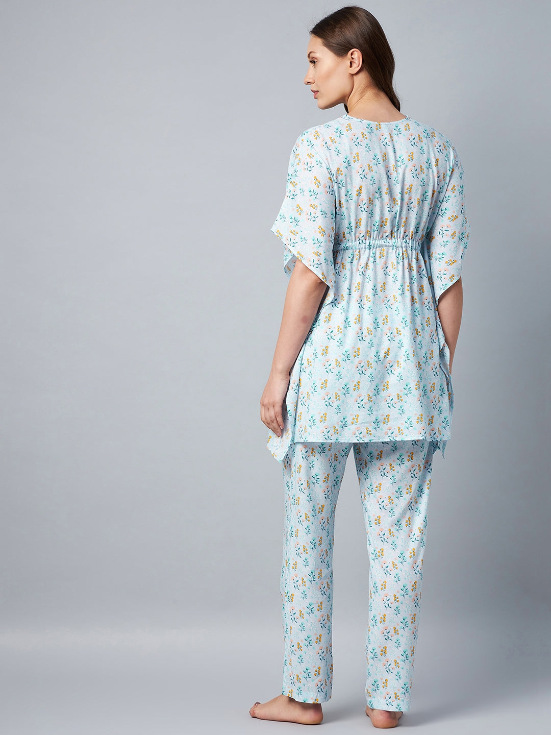 Light Blue Floral Printed Kaftan Set