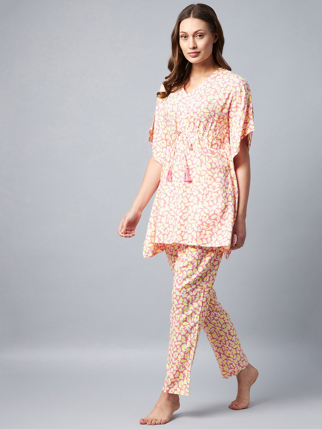 Yellow Floral Printed Kaftan Set