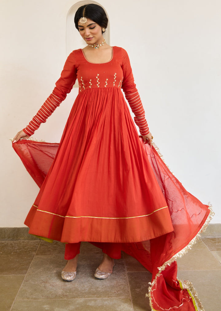 Orange Round Neck Anarkali Suit Set