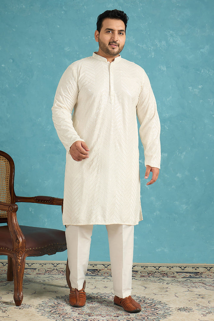 Mens Off White Viscose Rayon Solid Sequins Embroidered Kurta