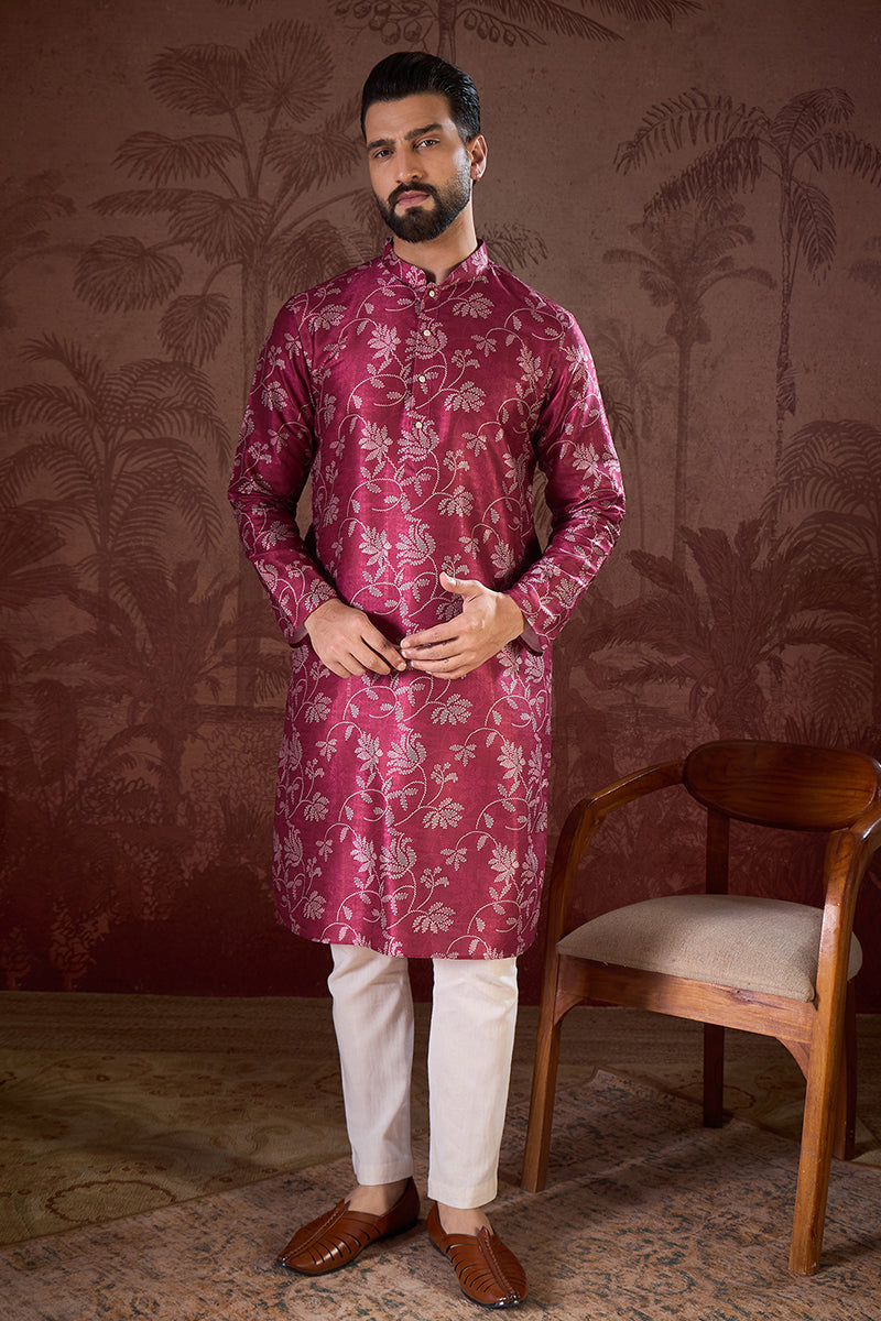 Mens Red Silk Blend Floral Printed Straight Kurta