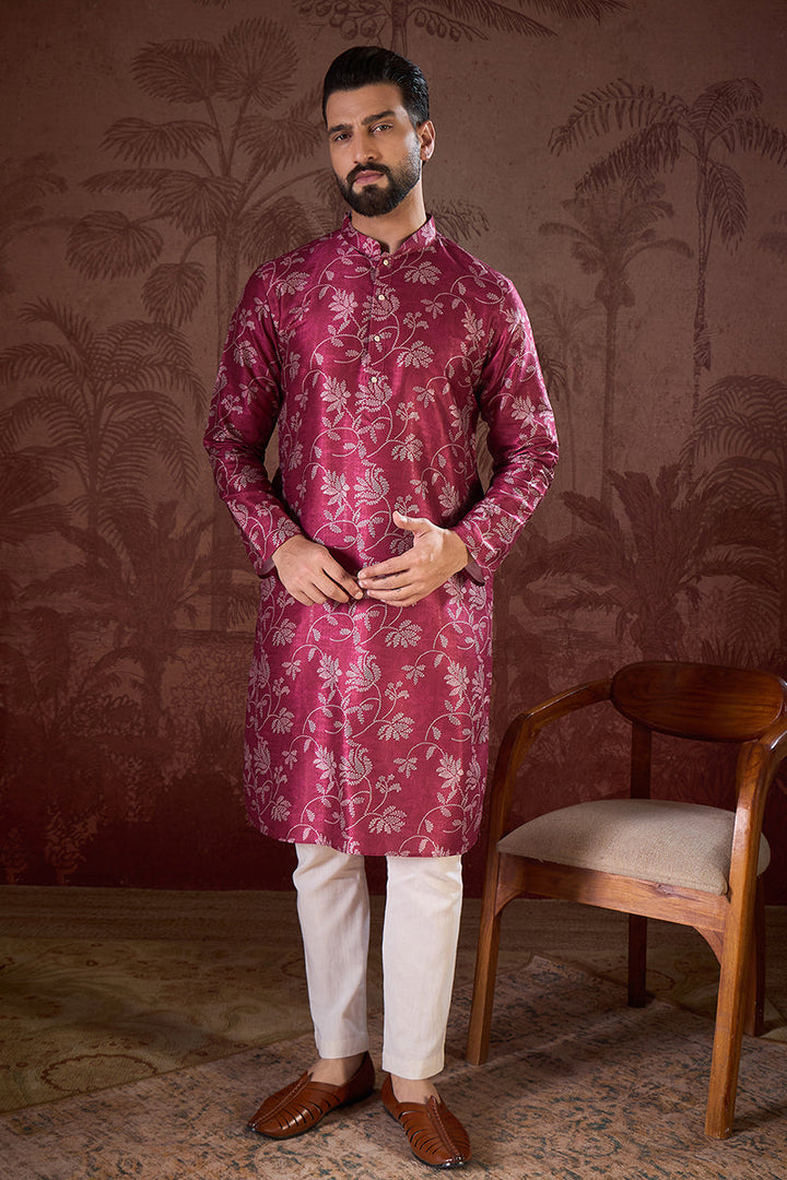 Mens Red Silk Blend Floral Printed Straight Kurta