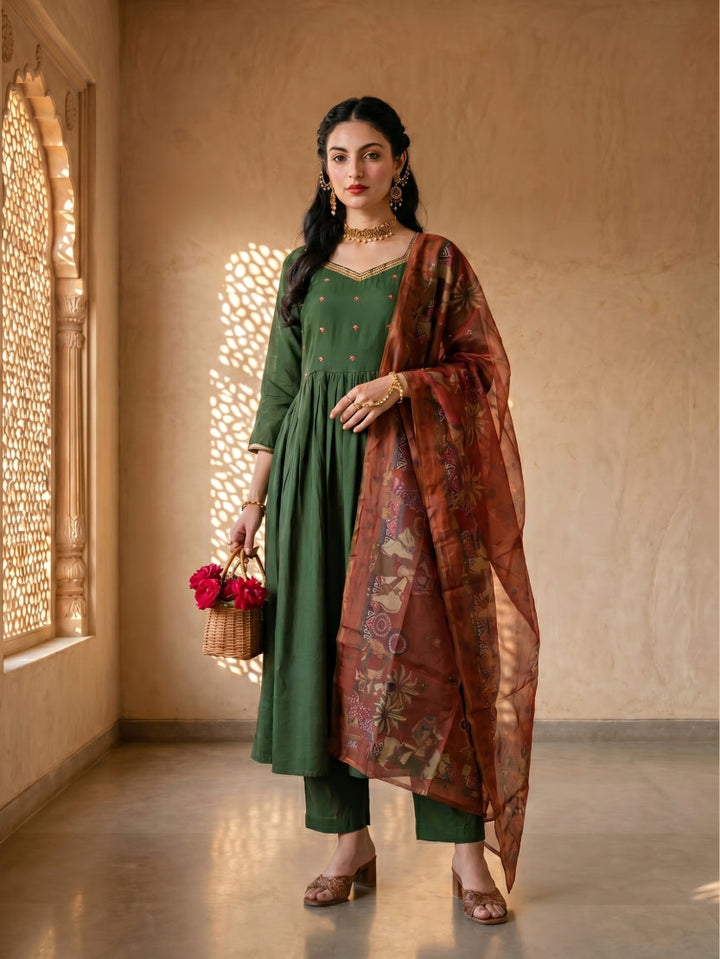 Green suit & pink kalamkari dupatta