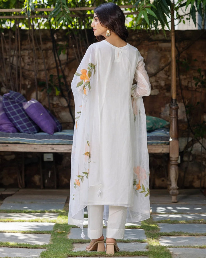 White-Kota-Doria-Hand-Painted-3-Piece-Kurta-Set