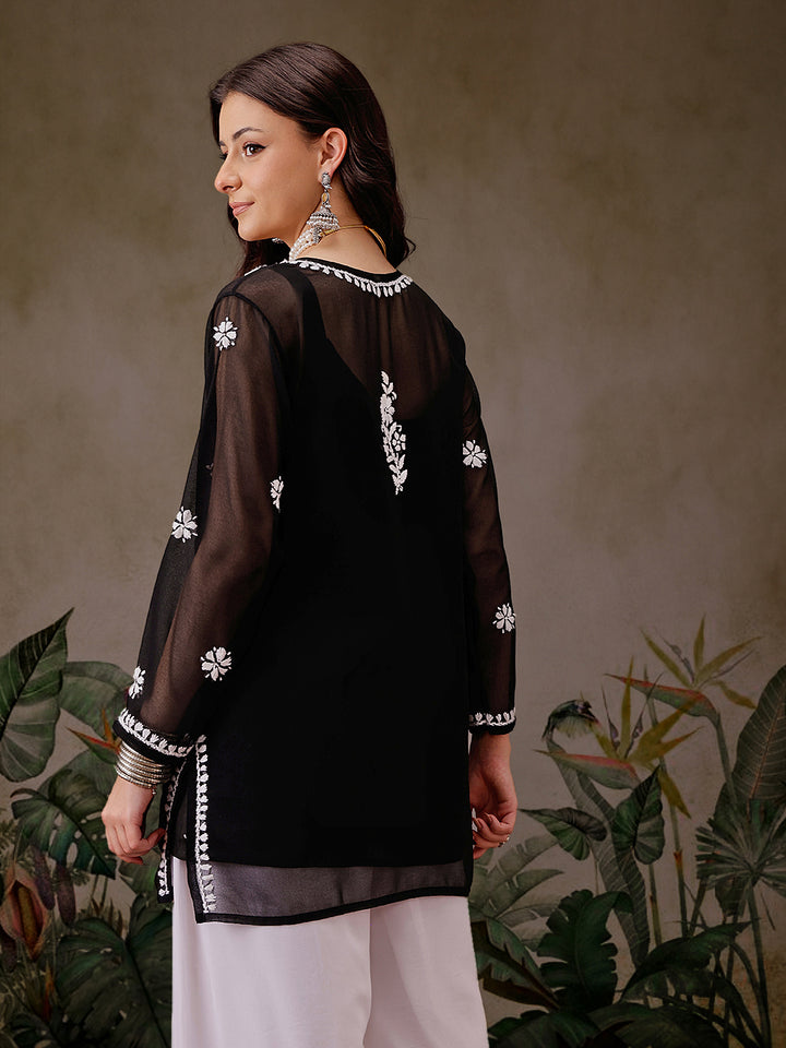 Black Georgette Ghaspatti Chikan Tunic Kurti & Slip