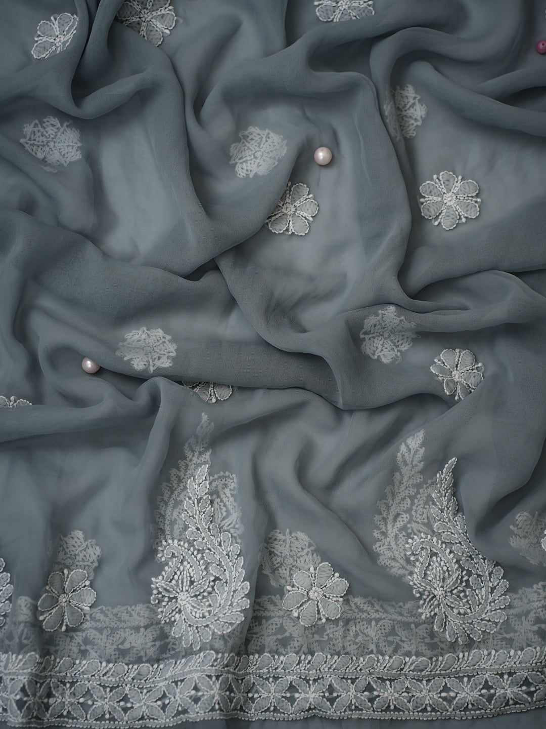 Grey Chikankari Unstitched Dress Material