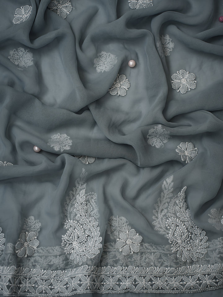 Grey Chikankari Unstitched Dress Material