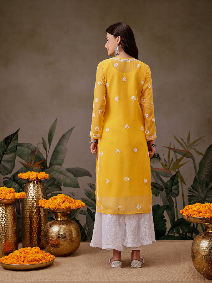 Amber Georgette Chikan Straight Long Kurta