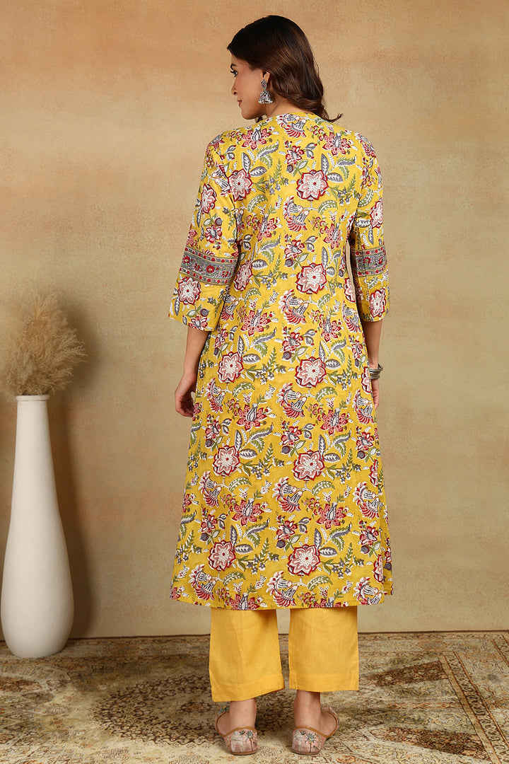 Mustard-&-Maroon-Cotton-Printed-'A'-Line-Kurta