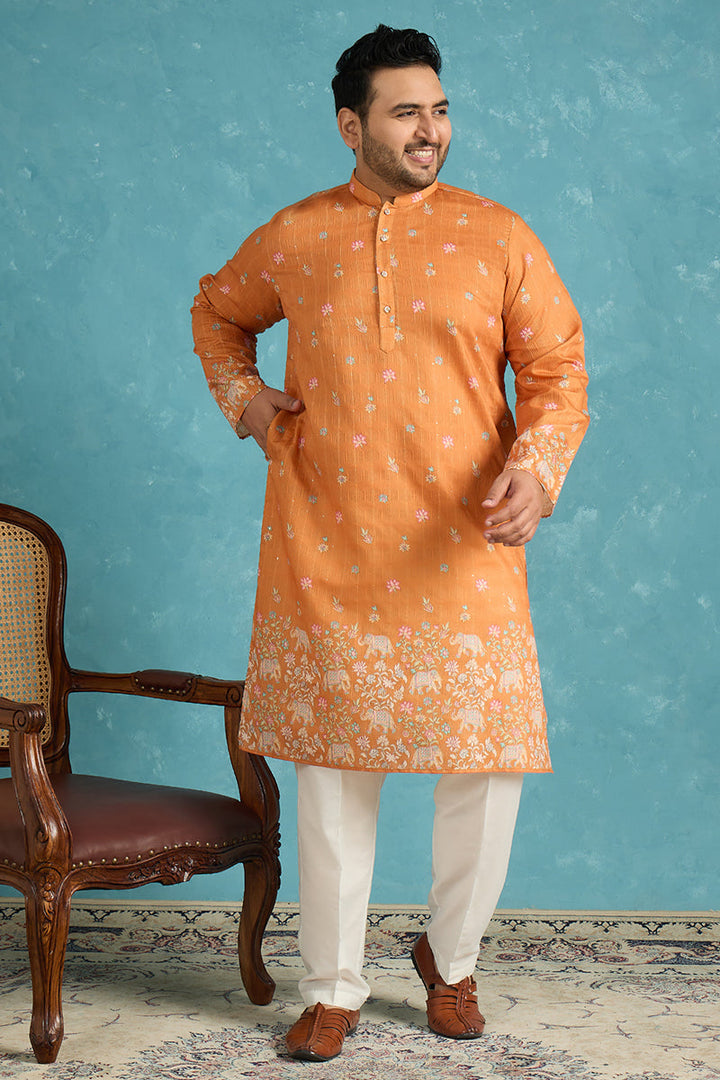 Mens Orange Silk Blend Floral Sequins Printed Kurta
