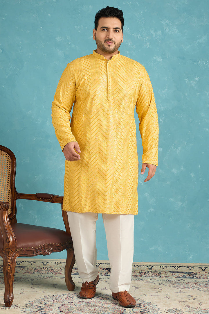 Mens Yellow Viscose Rayon Solid Thread Work Embroidered Kurta
