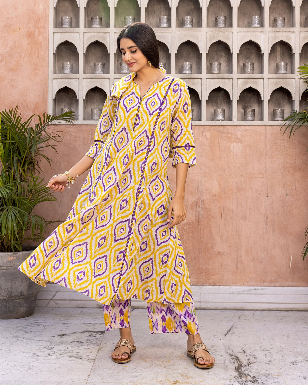 Yellow-Cotton-Ikat-A-Line-2-Piece-Kurta-Set