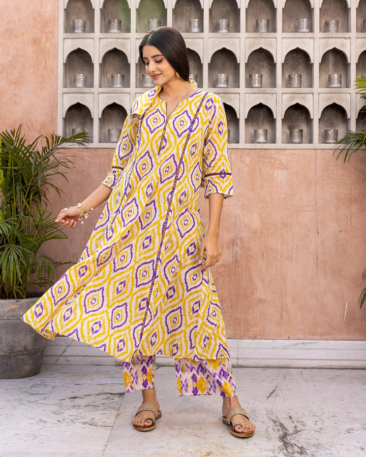 Yellow-Cotton-Ikat-A-Line-2-Piece-Kurta-Set