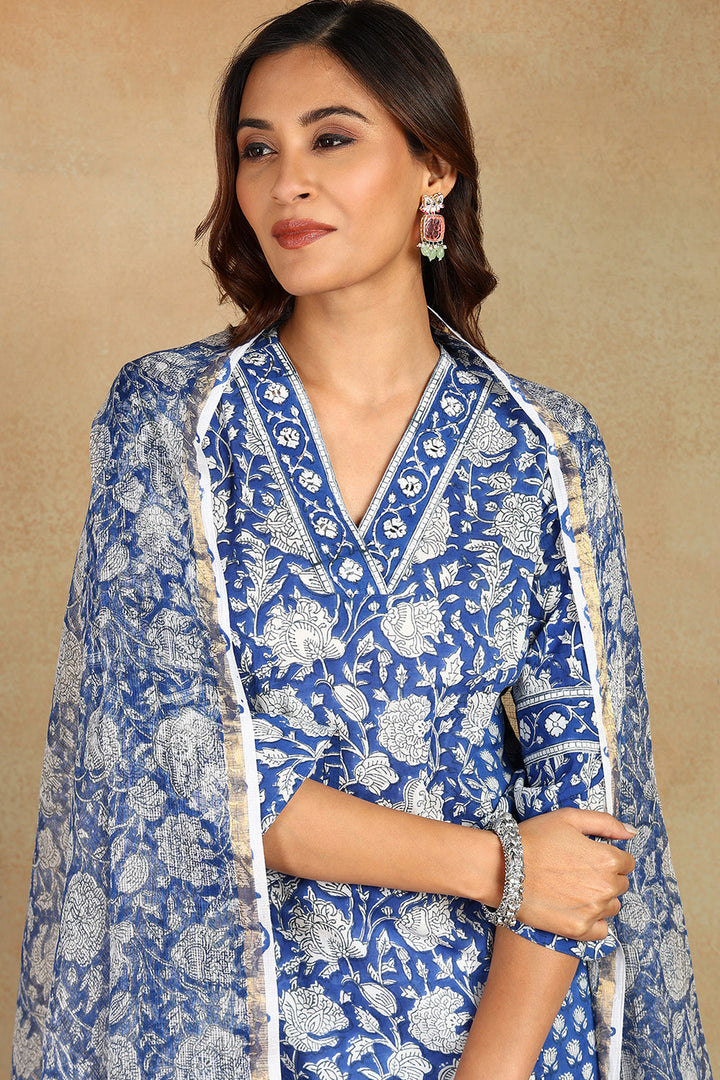 Blue-&-White-Cotton-Hand-Block-Print-Straight-Bagru-Kurta