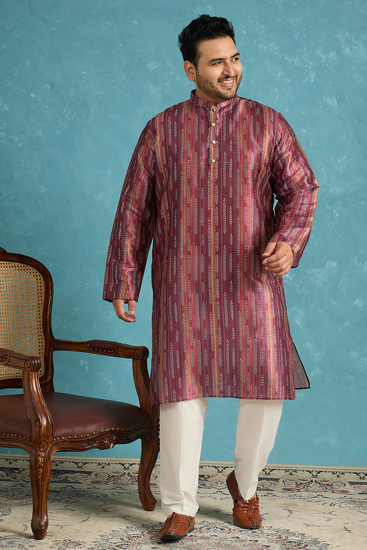 Mens Purple Silk Blend Striped Printed Kurta
