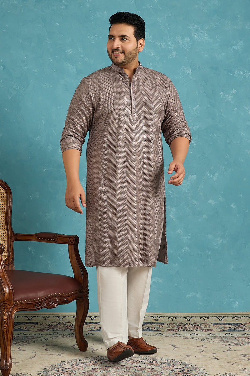 Mens Grey Viscose Rayon Solid Thread Work Embroidered Kurta